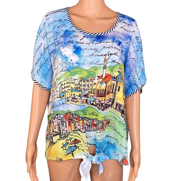 Chico's Costal Grandma Blouse European Vacation Print Tie-Front Women Size Large - Picture 1 of 6